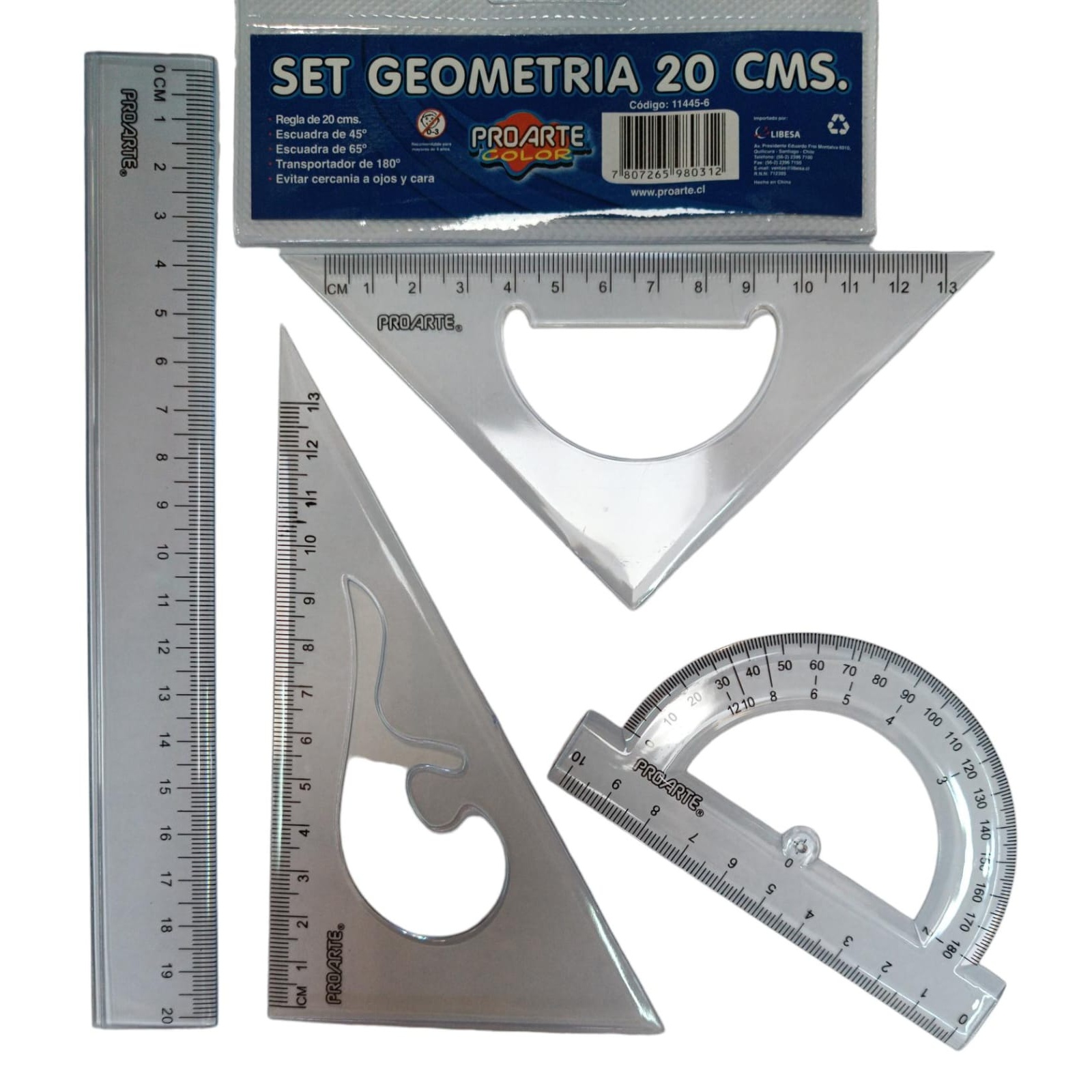 Set Geometria Proarte - Regla + 2 Escuadras + Transportador